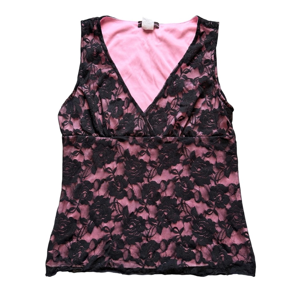 Von Mozart Pink Black Floral Lace V-Neck Empire Waist Camisole Y2K Top, S